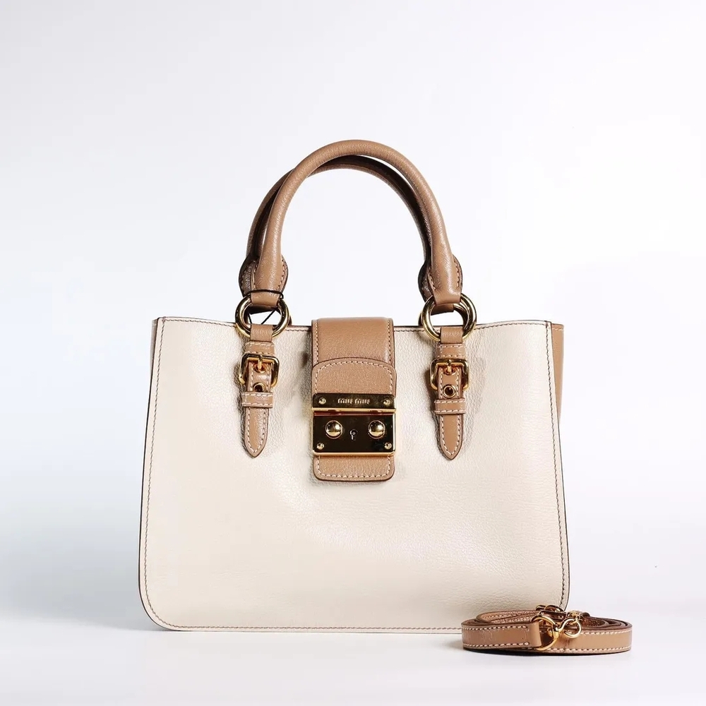 MIU MIU MADRAS Chic Cream and Tan 2 way tote bag